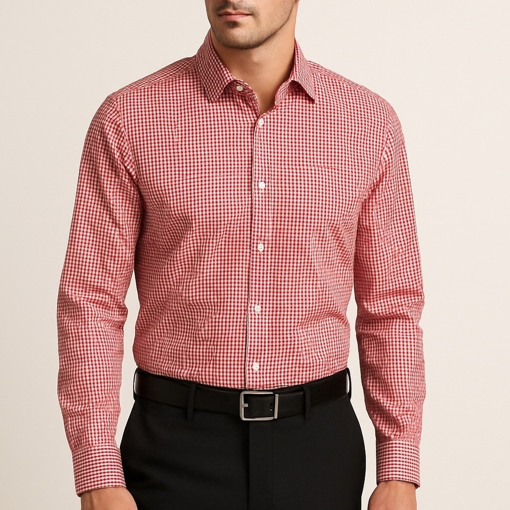 Kenneth Cole Reaction Shirt‎ Men's Large Non Iron Button Up Red Gingham Check